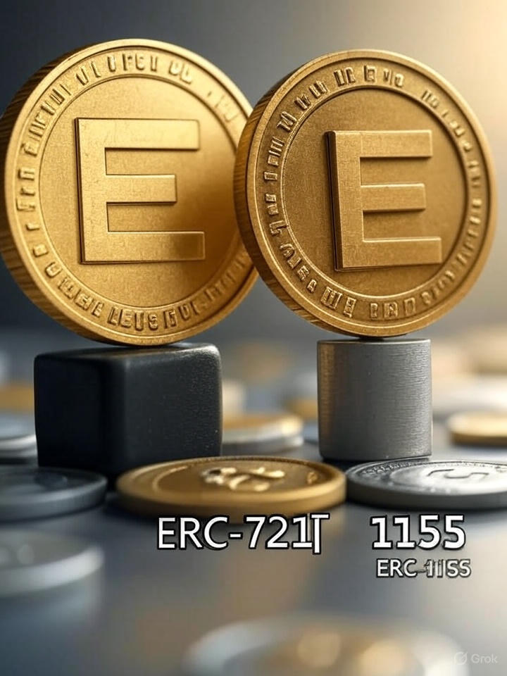 Сравнительная диаграмма стандартов ERC-721 и ERC-1155 для игровых токенов